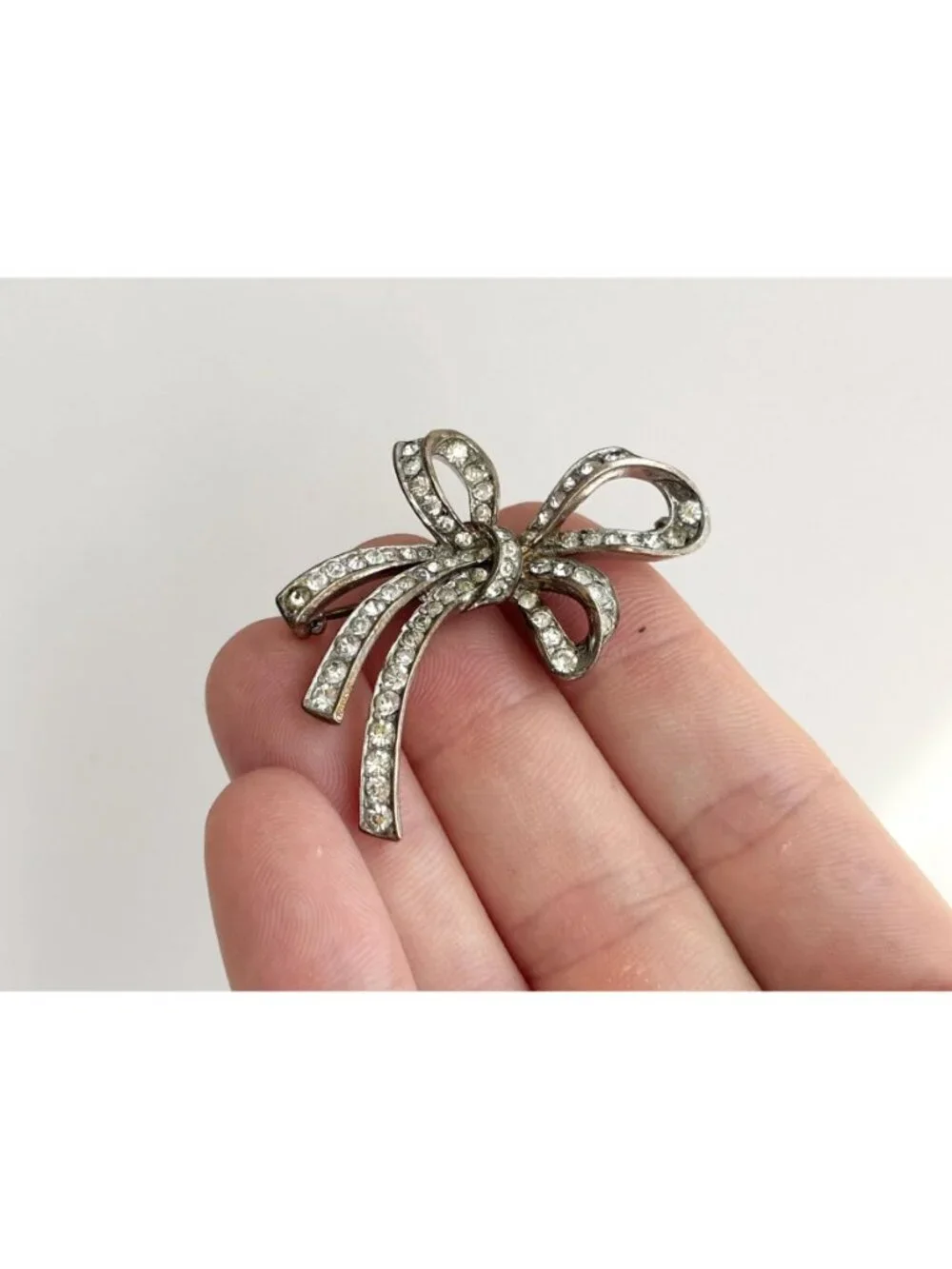 Ribboned Bow Rhinestone Accented Sterling Silver 925 Vintage Brooch | Lapel Pin